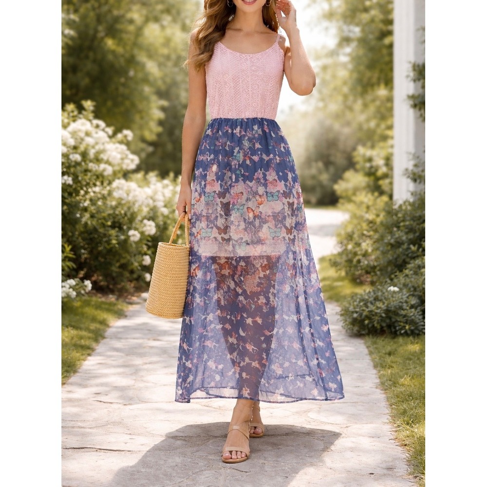 Maurices Boho Butterfly Print Dress Medium Lace Top Flowy Fairycore Festival